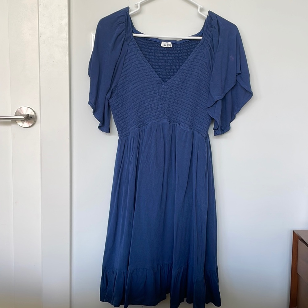 Navy Blue Smocked Front Ruffle Hem Maternity Dress